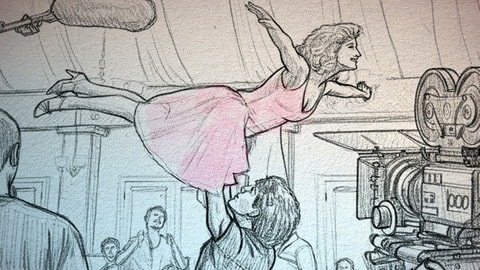 Skizze der berühmten Hebefigur aus dem Film "Dirty Dancing": Der Mann hebt die Frau über den Kopf, sie liegt mit ausgestreckten Armen in der Luft.