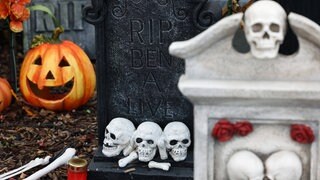 Kürbisse und Skelette: Halloweendeko in einem Garten vor einem Wohnhaus (Symbolbild)