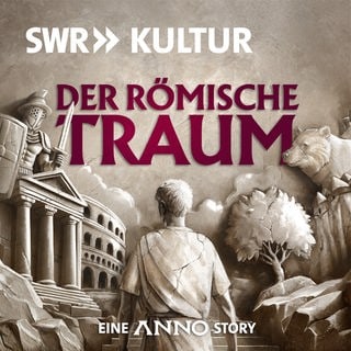 Das Podcastbild des Hörspiel-Podcasts "Der römische Traum" - Eine Person auf einem antiken steinrelief steht mit dem Rücken zu uns und schaut auf eine Arena, ein Gebäude, einen Bären und eine Gladiatoren