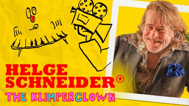 Helge Schneider - Portraitfoto im weißen Rahmen vor gelbem Hintergrund mit Comic-Elementen: eine Hand, die eine Kamera hält und ein Klavier mit Augen und Nase.