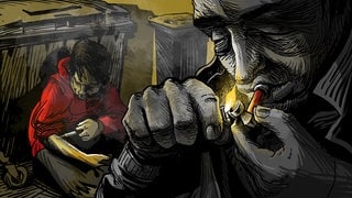 Im Vordergrund zündet sich eine Person eine Drogenpfeife an, im Hintergrund sitzt eine junge Person mit einer Spritze vor Mülltonnen.