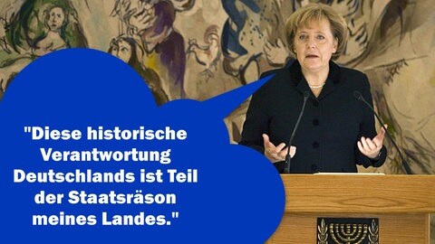 Bundeskanzlerin Angela Merkel sprach bei einer Sondersitzung des israelischen Parlaments, der Knesset, am 18. März 2008 in Jerusalem. Unter anderem sagte sie: "Jede Bundesregierung und jeder Bundeskanzler vor mir waren der besonderen historischen Verantwortung Deutschlands für die Sicherheit Israels verpflichtet. Diese historische Verantwortung Deutschlands ist Teil der Staatsräson meines Landes. Das heißt, die Sicherheit Israels ist für mich als deutsche Bundeskanzlerin niemals verhandelbar."