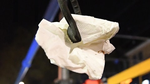 Ein Papiertuch wird aufgehoben und ordnungsgemäß entsorgt. Papiertücher und Servietten werden haeufig absichtlich oder versehentlich fallen gelassen. Häufig sind diese Tücher mit Chemikalien behandelt, die mit der Zeit ausgewaschen werden und sich in den Böden sammeln und anreichern.