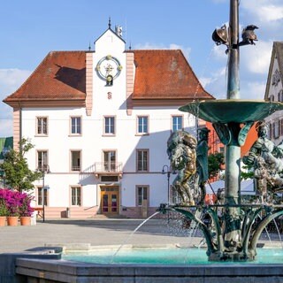 Das Rathaus in Ehingen hinter dem Theodul-Brunnen 