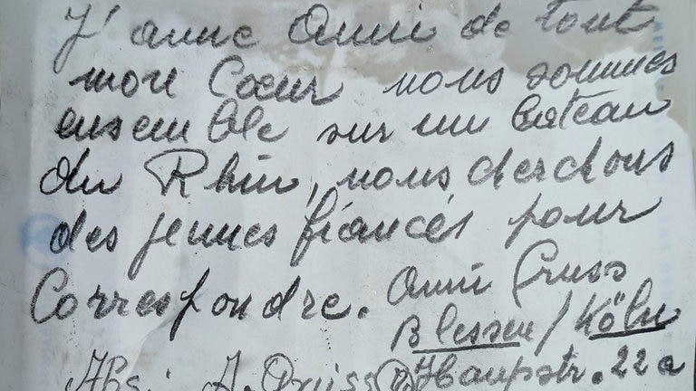 Der Text auf der Rückseite der Mittagskarte, die in einer Flasche bei Oberwesel gefunden worden ist