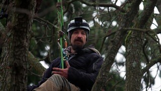 Baumpfleger Thomas Wolfromm sitzt in einem Baum. Er ist angeseilt und trägt einen Schutzhelm.