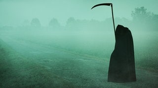 Der Tod, in Gestalt eines Sensemann, steht allein in einer weiten, nebeligen Landschaft
