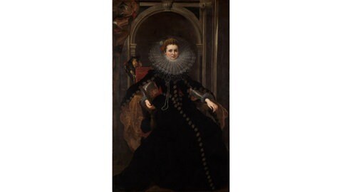 Das Bildnis der Veronica Spinola Serra von Peter Paul Rubens zeigt die Genueser Adlige wie sie auf einem roten Sessel thront.