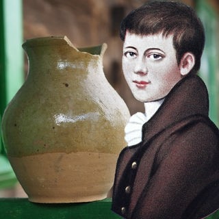 Krug, daneben ein Porträt des Dichters Heinrich von Kleist (Collage): "Der zerbrochne Krug" (1808) ist ein bis heute aktuelles Stück. Kleist diskutiert die Unabhängigkeit der Justiz, den Missbrauch einer jungen Frau und die Angst vor dem Wehrdienst.