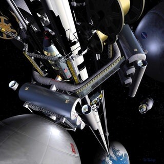 Undatierte Künstlerdarstellung eines Weltraumaufzugs, entnommen der NASA-Website am 26. September 2000. Die Konzeptstudie zeigt eine Struktur, die sich von der Erdoberfläche bis zu einer geostationären Erdumlaufbahn (GEO) erstreckt.