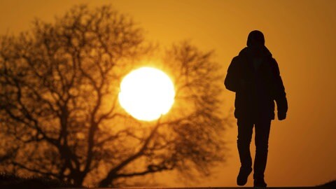 Mann im Sonnenuntergang. Durch die Sonneneinstrahlung kann der Körper eigenes Vitamin D herstellen. Viel besser als durch Lebensmittel wie Mehlwürmer zugesetzt werden kann.