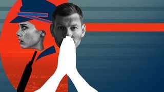 Grafik: Streife – Junger Mann blickt angespannt in die Kamera. Hinter ihm ist Profilaufnahme einer Polizistin