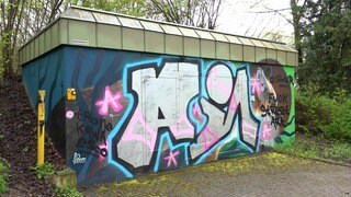 An einem Gebäude der Stadtwerke Tübingen wurde Graffiti über ein Auftragsbild gesprüht. Das Bild ist nicht mehr zu erkennen. Es steht dort jetzt ein Schriftzug: "Fuck Street Art".