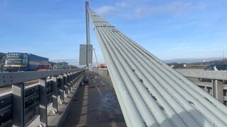 Die Tragseile der Rheinbrücke Maxau in Karlsruhe.