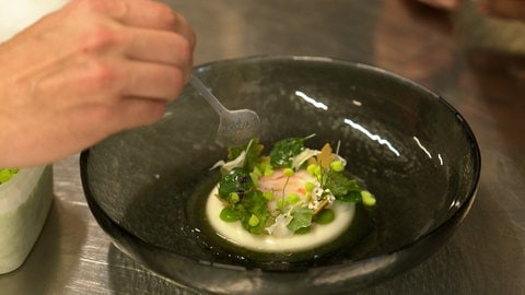 Garnele mit grünen Aromen, Gurke und Buttermilch. Eines von vielen Gerichten im HOCHZWEI in Langenau, das schon unzählige Arbeitsschritte braucht, bis es auf dem Teller landet. Aber die Arbeit lohnt sich: seit 13 Jahren hat der Familienbetrieb einen Stern des Guide Michelin.
