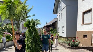 Im Vordergrund läuft ein Junge mit einer Stange, im Hintergrund folgt eine grüne Gestalt - der Pfingstträg. Er wird von einer Gruppe begleitet.