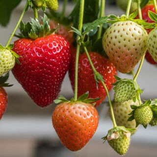 Reife und unreife Erdbeeren hängen an einer Erdbeerpflanze.