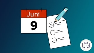 Das Bild ist eine Zeichnung. Das Thema ist: Kommunal•wahl am 9. Juni 2024. Der Hintergrund ist dunkel•blau. Man sieht ein Kalender•blatt. Auf dem Kalender•blatt steht 9. Juni. Und man sieht einen Stimm•zettel. Und einen Blei•stift. Dazu unten rechts im Bild: Das SWR-Zeichen für Leichte Sprache. Es ist ein weißer Kreis. Darin ist eine blaue Zeichnung: Es ist ein Kopf hinter einem Buch. Auf dem Buch ist ein Häkchen.