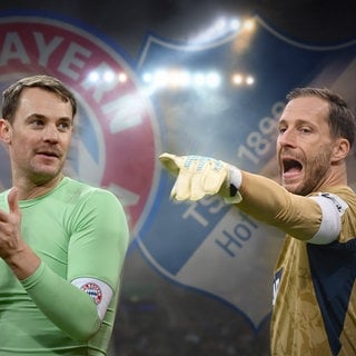 Collage: Manuel Neuer vor dem Logo des FC Bayern und Oliver Baumann vor dem Logo der TSG Hoffenheim