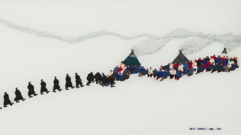 Gesticktes Bild, das eine Schneelandschaft mit Sami zeigt