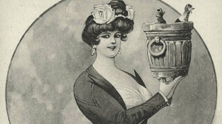 Nahrungs und Genußmittel: Alkohol  Sekt. Die Sektkellnerin. Lithographie (Postkarte), um 1900.