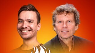 Hartmut Rosa und Bob Blume auf dem Podcast-Cover von "Die Schule brennt – Mit Bob Blume" 