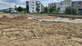 Es sind archäologische Funde einer Ausgrabungsstätte in Singen am Hohentwiel zu sehen.