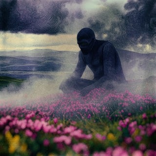 Ein unheimliches, menschenähnliches Wesen formt sich aus Nebel auf einer Wiese mit Gras und violetten Blumen. Es sitzt im Schneidersitz und hält nachdenklich den Kopf gesenkt. 
