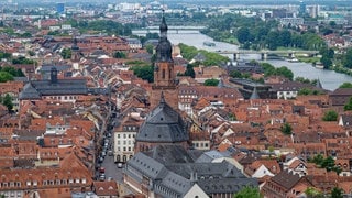 Häuser der Altstadt von Heidelberg, rechts im Bild verläuft der Neckar.
