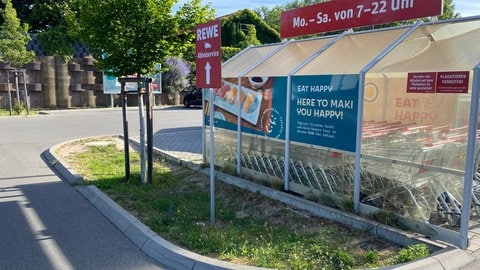 Teile dieses Supermarkt-Parkplatzes in Speyer sind nicht asphaltiert. Zwischen den Stellplätzen gibt es begrünte Versickerhungsgruben, die bei Starkregen Wasser auffangen.