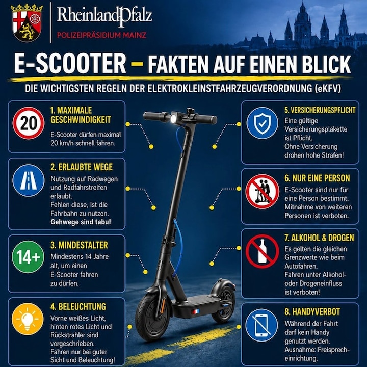 Eine Übersicht des Polizeipräsidiums Mainz erklärt die wichtigsten Verkehrsregeln für E-Scooter