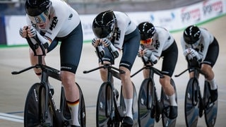 Mieke Kröger, Lisa Klein, Laura Süßemilch und Franziska Brauße bei der Bahnrad-EM 2026 in Konya.