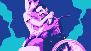Rollstuhlfahrer-Pärchen mit Fokus auf den Rollstuhlfahrer