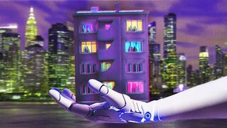 Vierstöckiges Wohnhaus auf Roboterhand vor Großstadtkulisse