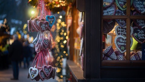 Lebkuchenherzen an einer Hütte auf dem Weihnachtsmarkt in Baden-Baden.