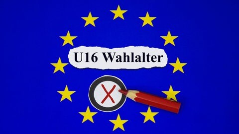 Grafik: Europasymbol mit Wahlkreuz und U16 Wahlalter