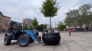 Ein Radlader bringt einen eingetopften Baum auf den Platz der Alten Synagoge