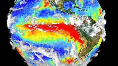 Temperatur-Karte des Oberflächenwassers im Pazifik bei einem El Niño-Ereignis. Rote Markierungen zeigen die deutlich überdurchschnittlichen Wassertemperaturen an der Küste Südamerikas.