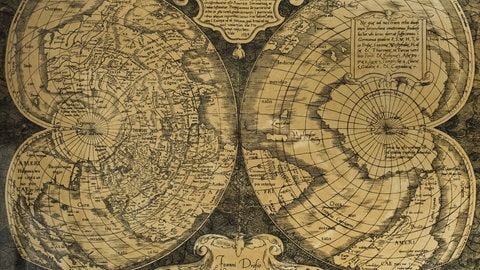 1538 Weltkarte in Doppelherzform, herzförmige Kartenprojektion des flämischen Kartografen Gerardus Mercator.