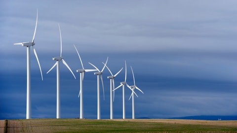 7 Windräder auf einem Feld: Windräder durchmischen die Luft. Das kann sich auf die Temperatur in Bodennähe auswirken. Sie können dadurch Bodenfrost reduzieren oder den Boden austrocknen.