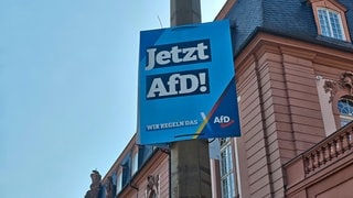Ein blaues Schild mit der Aufschrift "Jetzt AfD!" an einem Mast vor dem Mainzer Landtag.