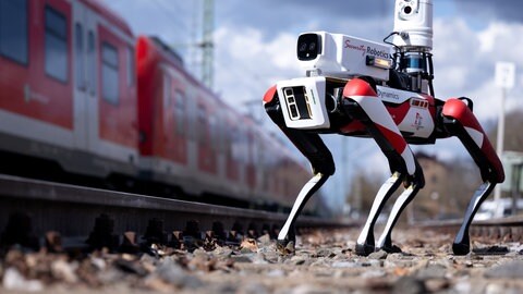 Der Roboterhund "Spot" der Deutschen Bahn läuft zwischen abgestellten S-Bahnen entlang. 