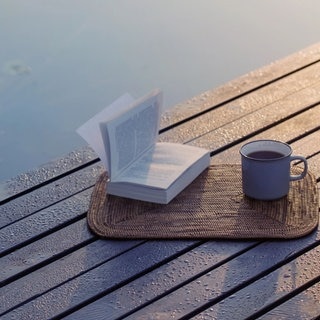 Buch und Tasse auf einem Holzsteg am See