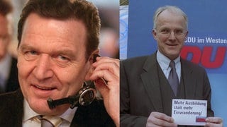 Bundeskanzler Gerhard Schröder (SPD) und Jürgen Rüttgers, CDU-Spitzenkandidat in NRW streiten im Jahr 2000 über die Greencard für IT-Fachleute.