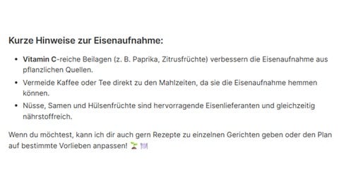 Die KI Ecosia gibt zusätzliche Tipps zum Wochenplan.