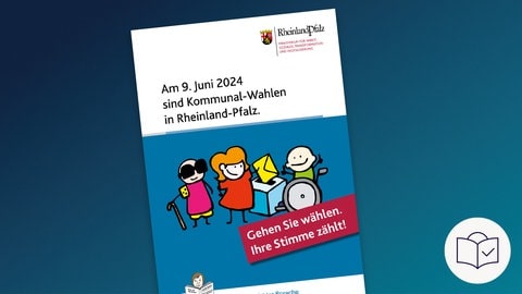Zeichnung: In der Mitte ist das Thema „Das Thema heißt: Eine Broschüre beantwortet Fragen zur Wahl“. Man sieht das Foto der Broschüre „Gehen Sie wählen. Ihre Stimme zählt! Dazu gibt es noch das SWR-Zeichen für Wahlen: Eine Hand steckt einen Wahl•zettel in eine Wahl•box. ahlen. Und es gibt das SWR-Zeichen für Wahlen in Rheinland-Pfalz: Es ist ein roter Kasten. Darin ist ein weißer Kreis mit einem Kreuz darin. Daneben stehen die Buchstaben RLP. RLP ist die Abkürzung für Rheinland-Pfalz.  Und es gibt das SWR-Zeichen für Leichte Sprache: Es ist ein weißer Kreis mit blauer Zeichnung. Darin ist ein Kopf hinter einem Buch. Auf dem Buch ist ein Häkchen. 