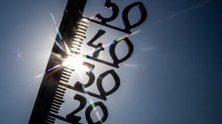 Vor einem wolkenlosen blauen Himmel zeigt ein Außenthermometer in einem Garten bereits am Vormittag über 30 Grad Lufttemperatur an.