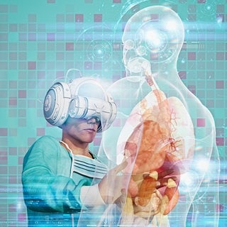 Chirurg mit Virtual-Reality-Brille operiert mit Hologramm (Illustration): KI hat längst Einzug in die Medizin gehalten. Hologramme des Herzens oder virtuelle Gehirnsimulationen unterstützen bei schwierigen Operationen. 