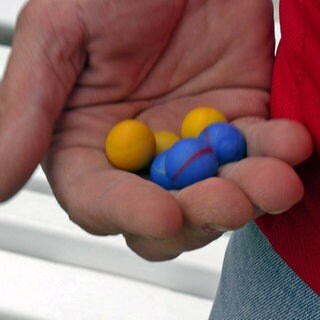 Gelbe und blaue Wettkampf-Murmeln in der Hand eines Murmel-Weltmeisters von den "Sandhasen Murmlern" aus Weisenheim