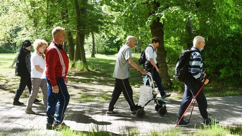 Einige Menschen spazieren durch einen Park: In einer Fachklinik für Neurologie gehören kleine Wanderungen zu den Behandlungsmethoden für Long-Covid- und andere Patienten. Mit einer individuell zugeschnittenen Diagnostik und Behandlung soll die Komplexität der Langzeitfolgen einer Covid-Erkrankung erfasst und therapiert werden.